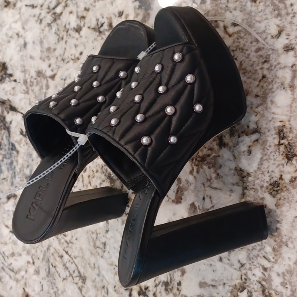 KARL LAGERFELD PARIS Aviva Pearl Embellished Leather Platform Slip On Open Toe